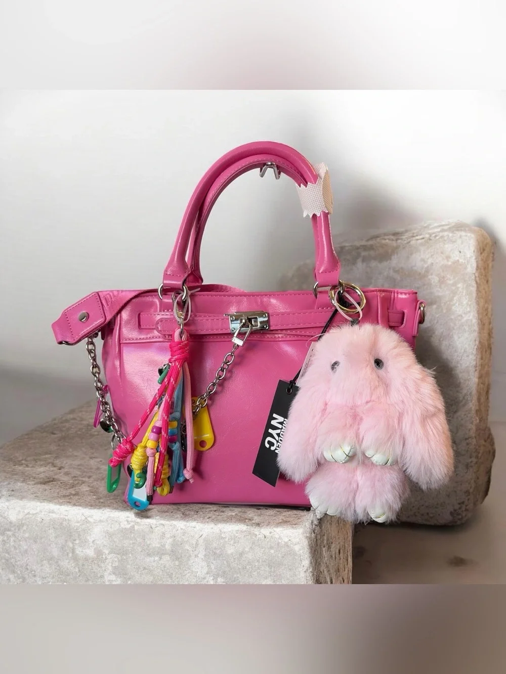 B07 Madden NYC Women's Top Handle Satchel, Pink NWT with Charms